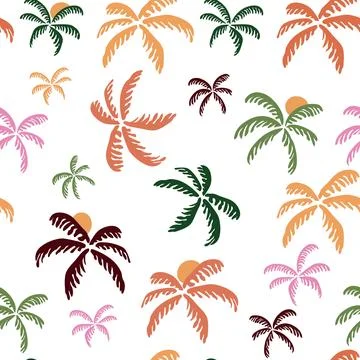 Seamless tropical pattern with palm trees and sun on white background. Idea.. Stock Illustration