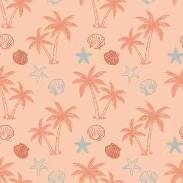 Seamless Tropical Pattern with Palm Trees, Starfish, and Seashells on a Pea.. Stock Illustration