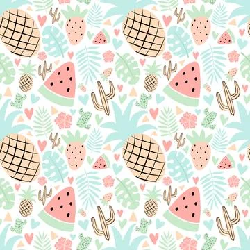 Seamless tropical pattern with pineapple, watermelon, strawberry, cacti, leav イラスト素材
