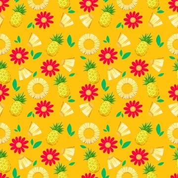 Seamless Tropical Pattern with Pineapples and Red Flowers on Yellow Illustrazione stock