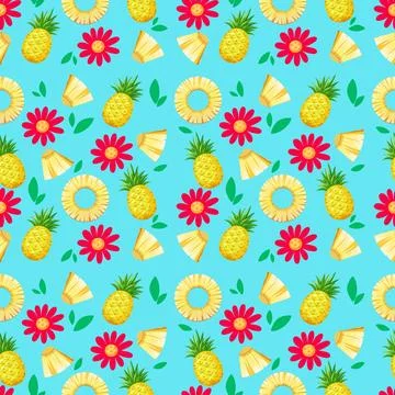 Seamless Tropical Pattern with Pineapples and Red Flowers on Blue Stock Illustration