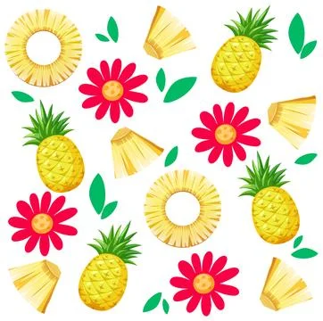 Seamless Tropical Pattern with Pineapples Flowers and Sliced Fruit Stock Illustration