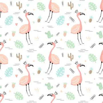 Seamless tropical pattern with pink cute flamingos and leaves, cacti, fruit.V Stock Illustration