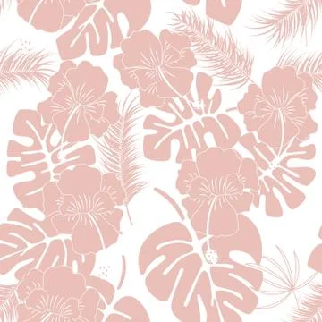 Seamless tropical pattern with pink monstera leaves and flowers 스톡 일러스트
