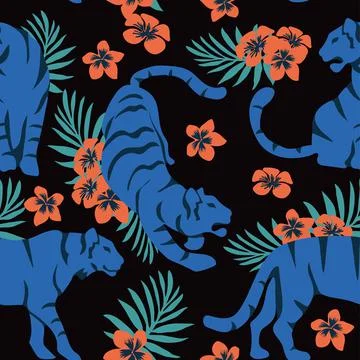 Seamless tropical pattern with tigers and a bouquet of hibiscus flowers and l Illustrazione stock