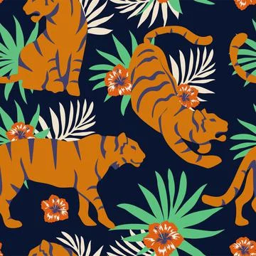 Seamless tropical pattern with tigers and a bouquet of hibiscus flowers and l Stock Illustration
