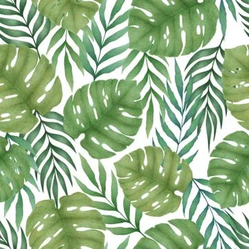 Seamless tropical pattern with watercolor hand drawn monstera leaves and palm Stockillustratie