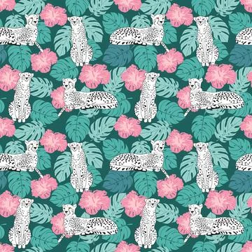 Seamless tropical pattern with white cheetah, leaves and hibiscus flowers Stock Illustration