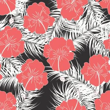 Seamless tropical pattern with white leaves nad red flowers on white Stock Illustration