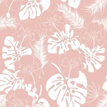 Seamless tropical pattern with white monstera leaves and flowers Stock Illustration