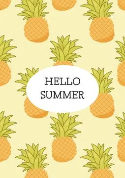 Seamless tropical pineapple pattern with summer greeting in center Stock Illustration