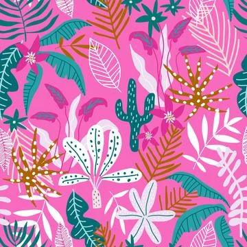Seamless tropical pink pattern with hand drawn plants, leaves, flowers. Stock Illustration