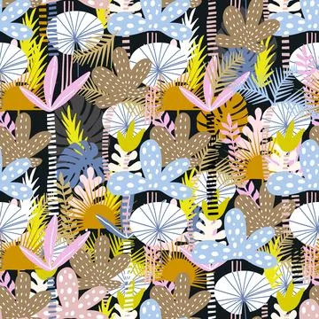 Seamless tropical pink pattern with hand drawn plants, leaves. Stock Illustration