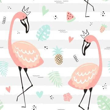 Seamless tropical striped pattern with cute flamingos in the crown, leaf, pin Illustrazione stock