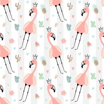 Seamless tropical striped pattern with cute flamingos in the crown, pineapple Stock Illustration