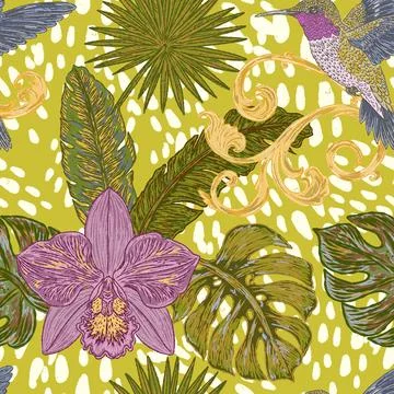 Seamless tropical style botanical pattern featuring hummingbirds, orchids, ex Stock Illustration