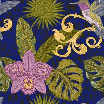 Seamless tropical style botanical pattern featuring hummingbirds, orchids, ex Stock Illustration