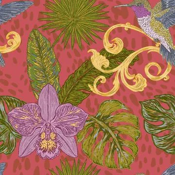 Seamless tropical style botanical pattern featuring hummingbirds, orchids, ex Stock Illustration