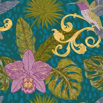 Seamless tropical style botanical pattern featuring hummingbirds, orchids, ex Illustrazione stock
