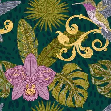 Seamless tropical style botanical pattern featuring hummingbirds, orchids, ex Illustrazione stock