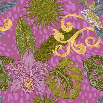Seamless tropical style botanical pattern featuring hummingbirds, orchids, ex Stock Illustration