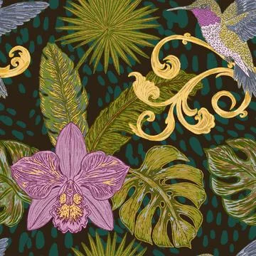 Seamless tropical style botanical pattern featuring hummingbirds, orchids, ex Stock Illustration