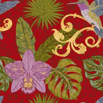 Seamless tropical style botanical pattern featuring hummingbirds, orchids, ex Illustrazione stock