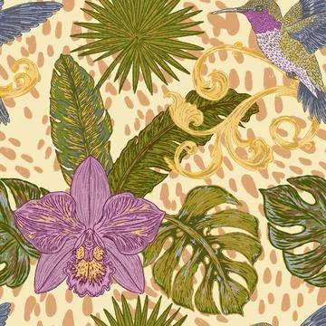 Seamless tropical style botanical pattern featuring hummingbirds, orchids, ex Illustrazione stock