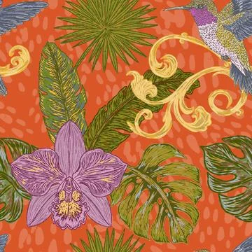Seamless tropical style botanical pattern featuring hummingbirds, orchids, ex Stock Illustration