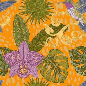 Seamless tropical style botanical pattern featuring hummingbirds, orchids, ex Stock Illustration