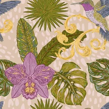 Seamless tropical style botanical pattern featuring hummingbirds, orchids, ex Stock Illustration