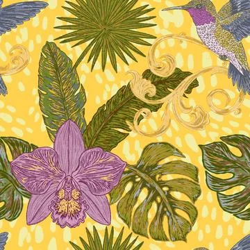 Seamless tropical style botanical pattern featuring hummingbirds, orchids, ex Illustrazione stock