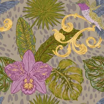Seamless tropical style botanical pattern featuring hummingbirds, orchids, ex イラスト素材