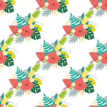 Seamless tropical summer pattern watermelon pineapples tropical leaves Summer Illustrazione stock