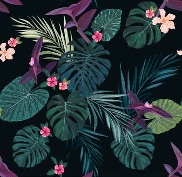 Seamless tropical vector pattern with green palm leaves and hibiscus flowers on Illustrazione stock