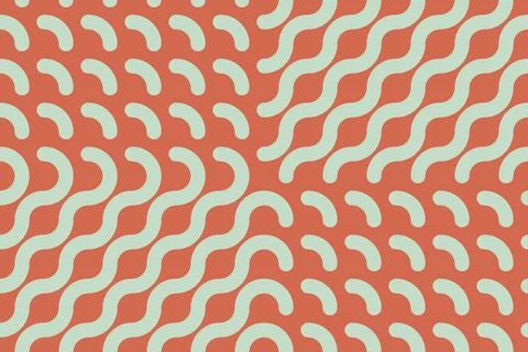 Seamless Truchet pattern with bright lime and peach wavy lines and arcs 库存插图