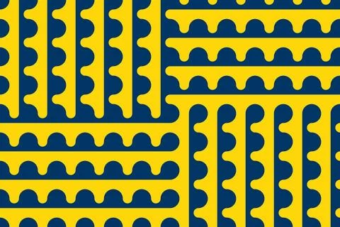 Seamless Truchet pattern with yellow and blue ribbed lines and arcs Stock Illustration
