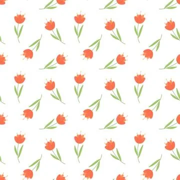 Seamless Tulip Floral Pattern with Orange Flowers Vector Background Stock Illustration