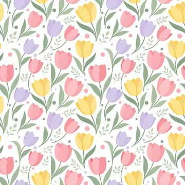 Seamless Tulip Floral Pattern with Pastel Flowers on Dark Background Stock Illustration