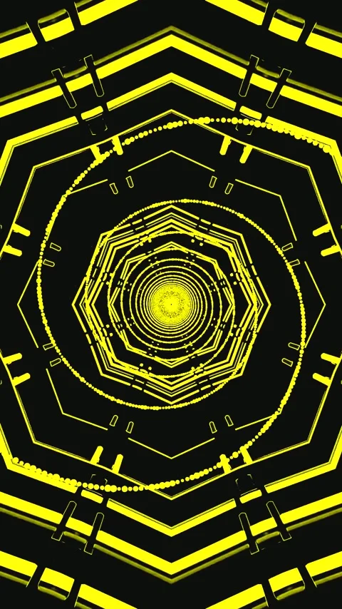 Seamless tunnel video loop with vibrant yellow patterns and dark background.. Stock Footage 321571641