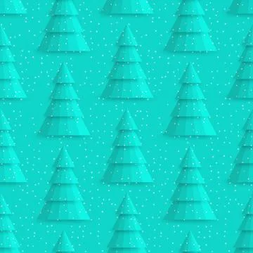Seamless Turquoise Holiday Pattern Featuring 3D Paper Cut Fir Trees and Sno.. Stock Illustration