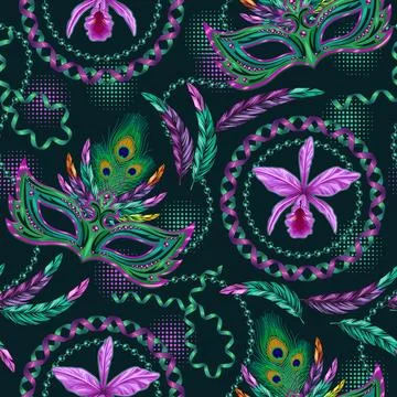 Seamless turquoise pattern with carnival masks, feathers, ribbons, orchid Stock Illustration