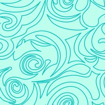 Seamless turquoise texture of spirals and curls in a linear style. Marine Stock Illustration