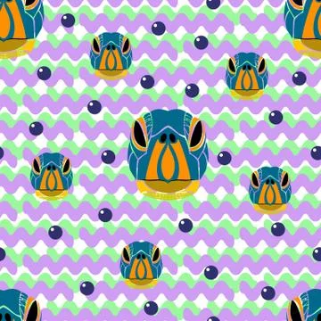 Seamless of turtle portrait with violet and green waves and blue bubbles Stock Illustration