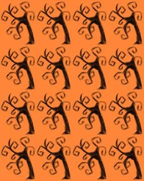 Seamless Twisted Halloween Tree Pattern on Orange Stock Illustration