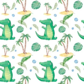 Seamless two-color pattern with cute crocodiles. African animals and jungle p Foto stock