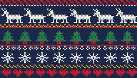 Seamless ugly Christmas sweater pattern, reindeer, trees and hearts Stock Illustration