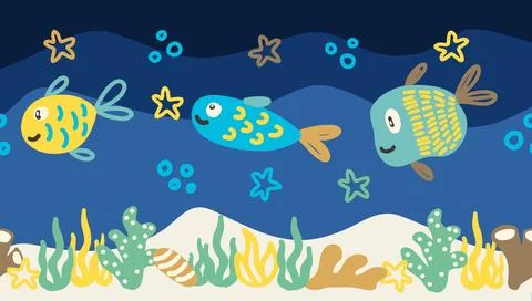 Seamless underwater border pattern with cute fish and sea elements 스톡 일러스트