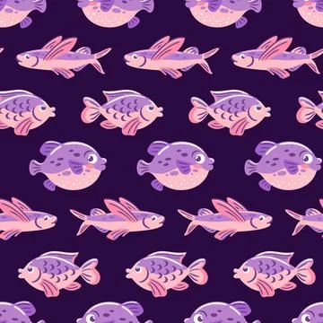 Seamless underwater pattern featuring pufferfish and flying fish in vibrant 스톡 일러스트