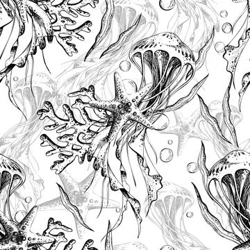 Seamless underwater pattern with hand drawn jellyfish, starfish, and coral Illustrazione stock